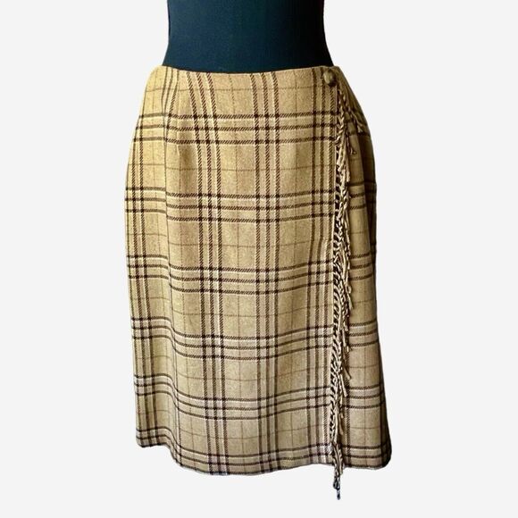 SAG HARBOR Wool Blend Skirt Tan Plaid Wrap Fringe Lined Women’s 10 - Picture 2 of 10